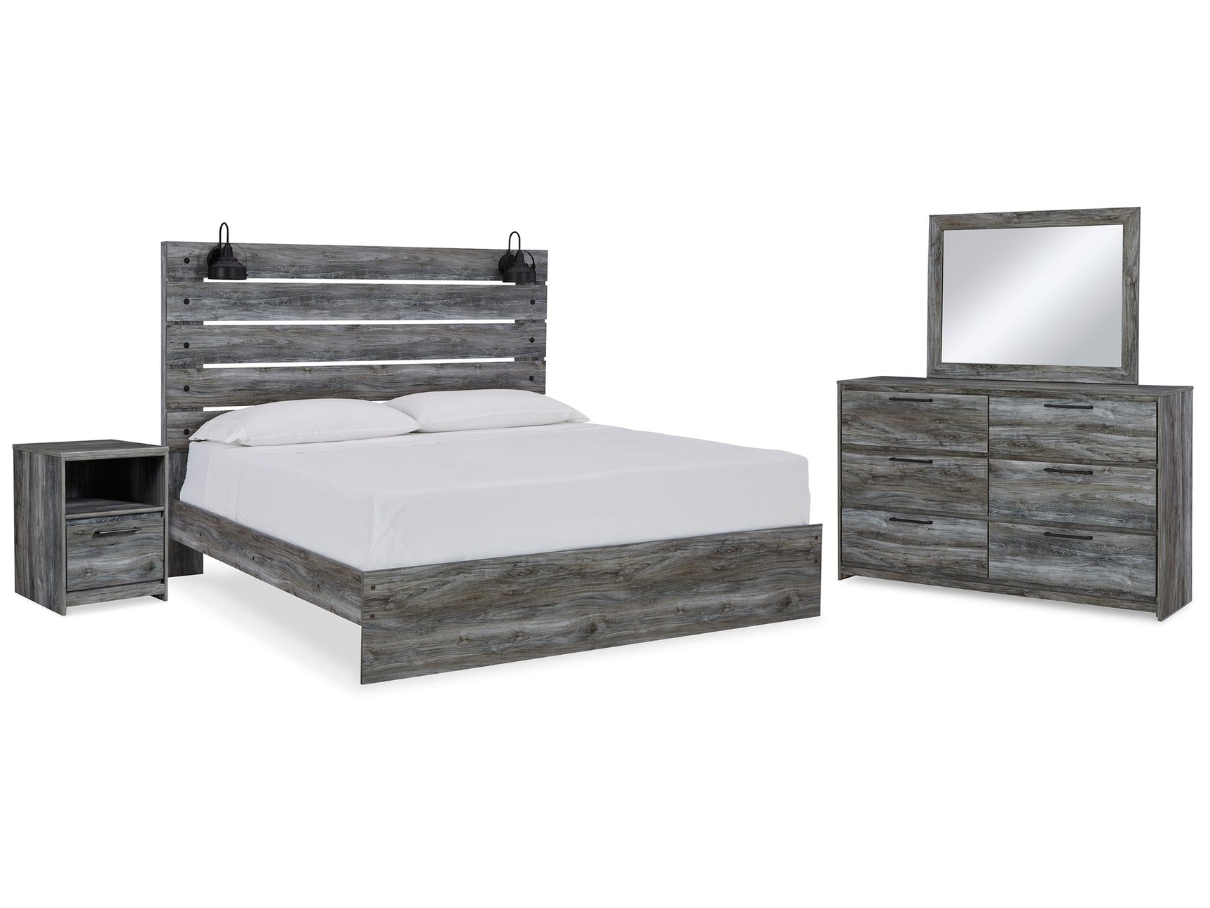 Baystorm Gray King Panel Bedroom Set with Dresser, Mirror, and Nightstand - Ornate Home