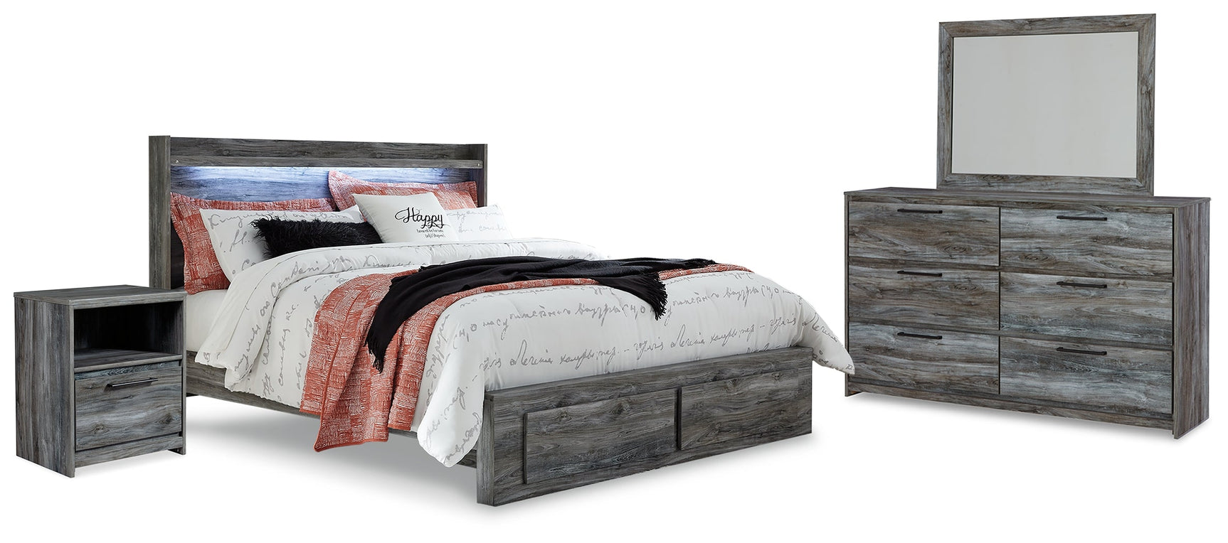 Baystorm Gray King Panel Storage Bedroom Set with Mirrored Dresser and Nightstand (Online Special Price) - Ornate Home