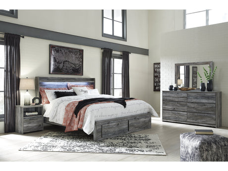 Baystorm Gray King Panel Storage Bedroom Set with Mirrored Dresser and Nightstand - Ornate Home