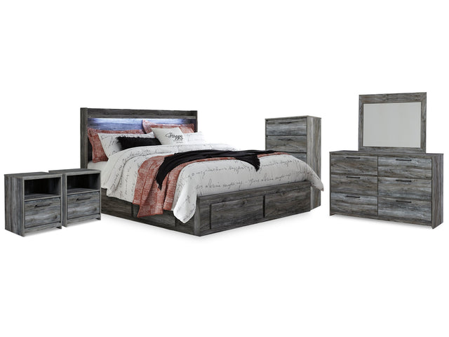Baystorm Gray King Storage Bedroom Set with Dresser, Mirror, Chest and 2 Nightstands - Ornate Home