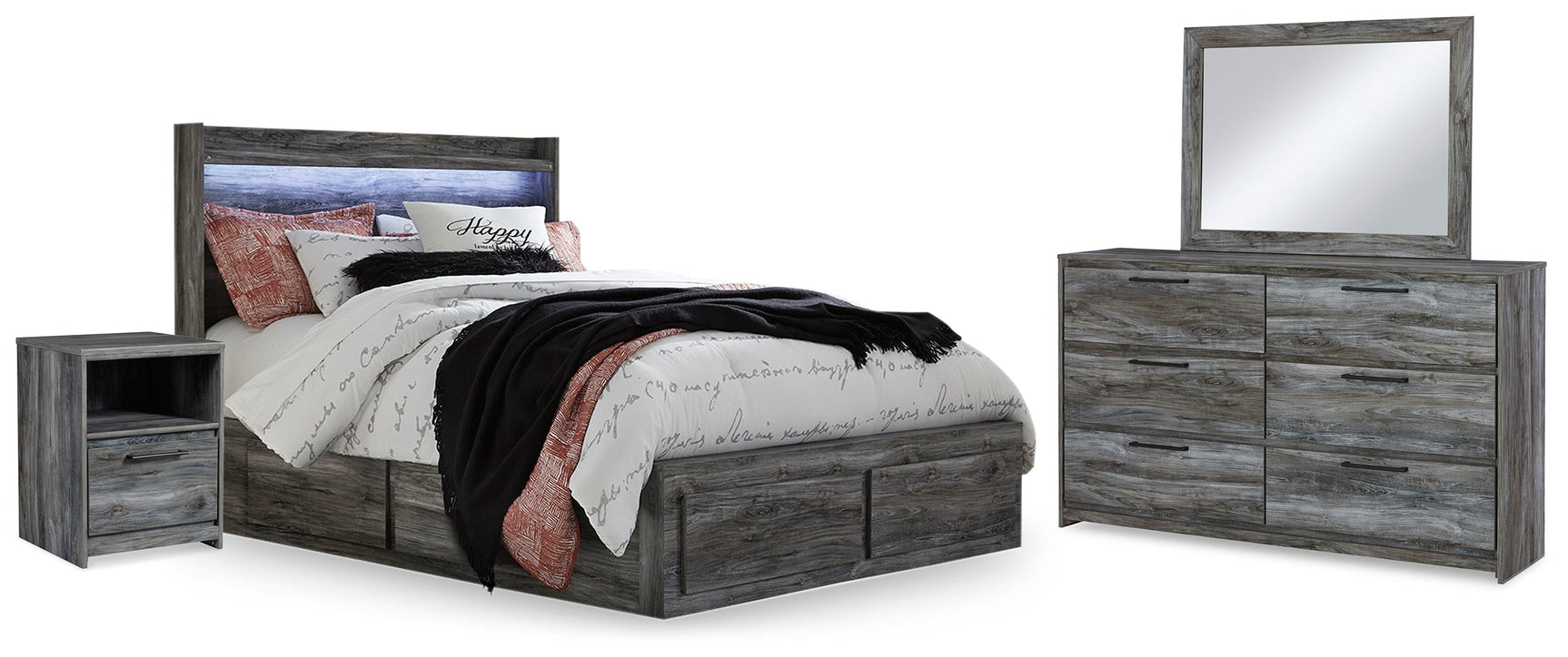 Baystorm Gray Queen Panel Bedroom Set with 2 Side Storage, Dresser, Mirror, and Nightstand (Online Special Price) - Ornate Home