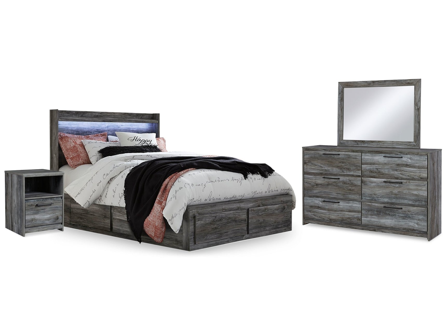 Baystorm Gray Queen Panel Bedroom Set with 2 Side Storage, Dresser, Mirror, and Nightstand - Ornate Home