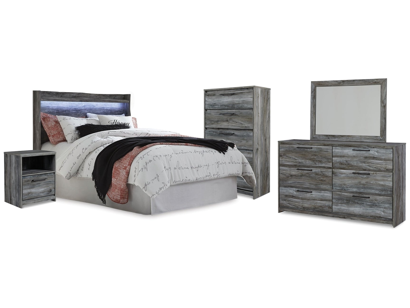 Baystorm Gray Queen Panel Headboard & Dresser & Mirror & Chest & Nightstand - Ornate Home