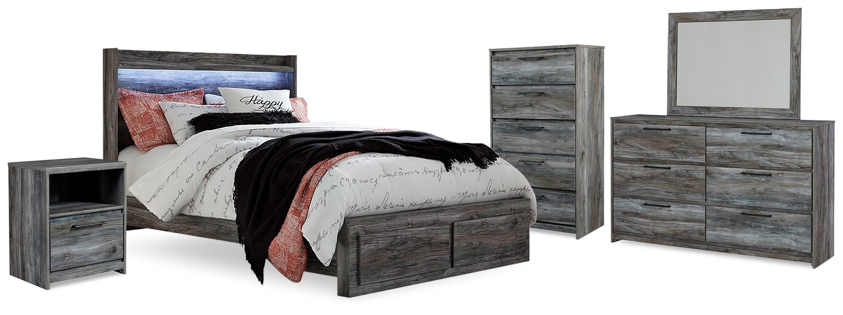 Baystorm Gray Queen Panel Storage Bed, Dresser, Mirror, Chest and Nightstand - Ornate Home