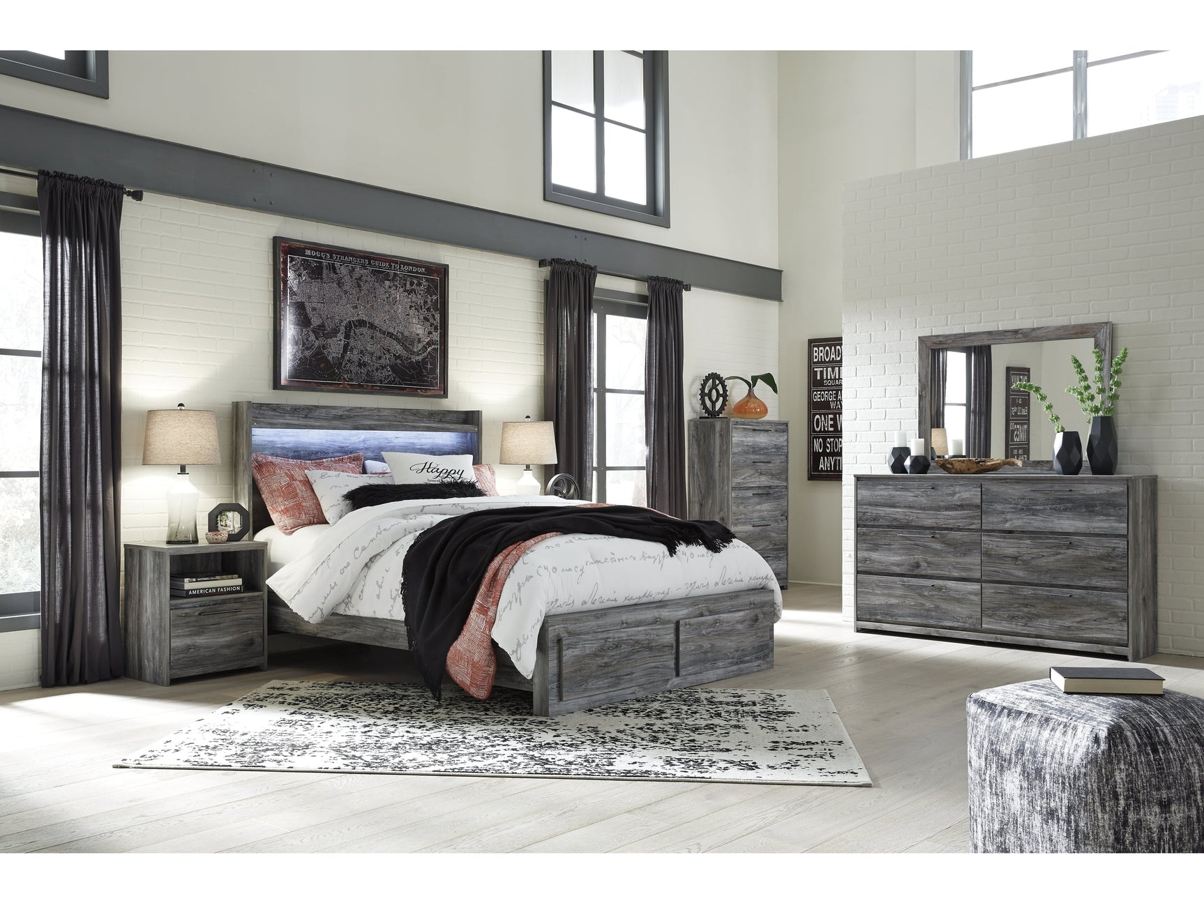 Baystorm Gray Queen Panel Storage Bedroom Set with Dresser, Mirror, Chest and 2 Nightstands - Ornate Home