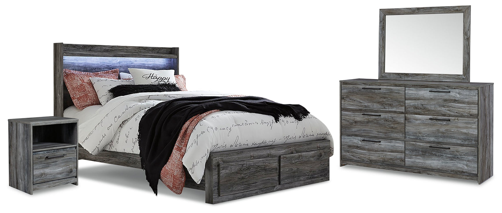 Baystorm Gray Queen Panel Storage Bedroom Set with Mirrored Dresser and Nightstand (Online Special Price) - Ornate Home
