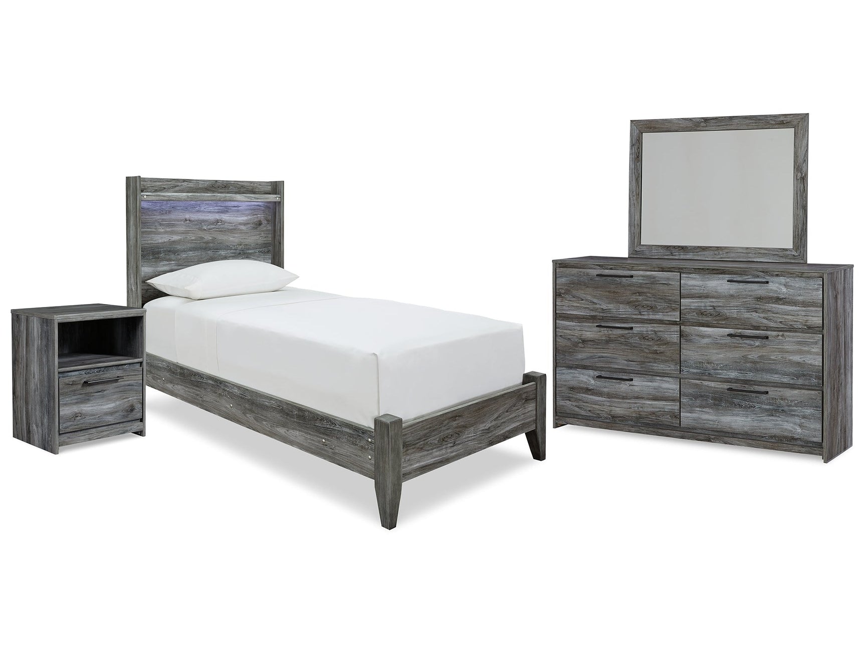 Baystorm Gray Twin Panel Bedroom Set with Dresser, Mirror and Nightstand (Online Special Price) - Ornate Home
