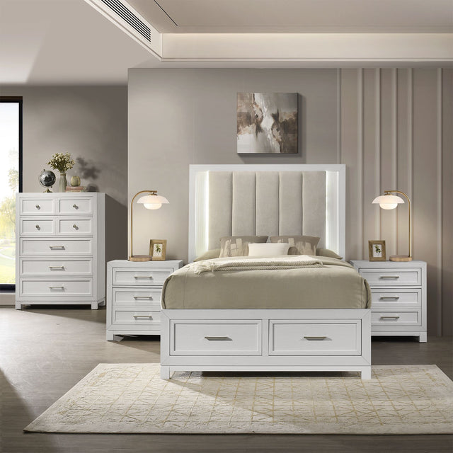 Baystorm White 4-Piece Queen UPH Storage Bedroom Set with 2 Nightstands & Chest - Ornate Home