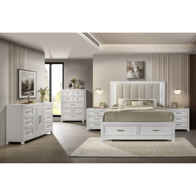 Baystorm White 5-Piece King UPH Storage Bedroom Set with 2 Nightstands, Dresser & Chest - Ornate Home