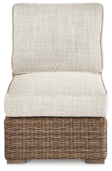 Beachcroft Beige 4-Piece Outdoor Sectional, 2 Arm Chairs, Lounge Chair and Bench - Ornate Home