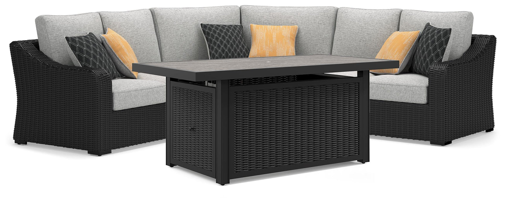 Beachcroft Black/Light Gray 3-Piece Outdoor Sectional and Fire Pit Table - Ornate Home