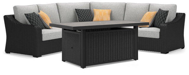 Beachcroft Black/Light Gray 3-Piece Outdoor Sectional and Fire Pit Table - Ornate Home