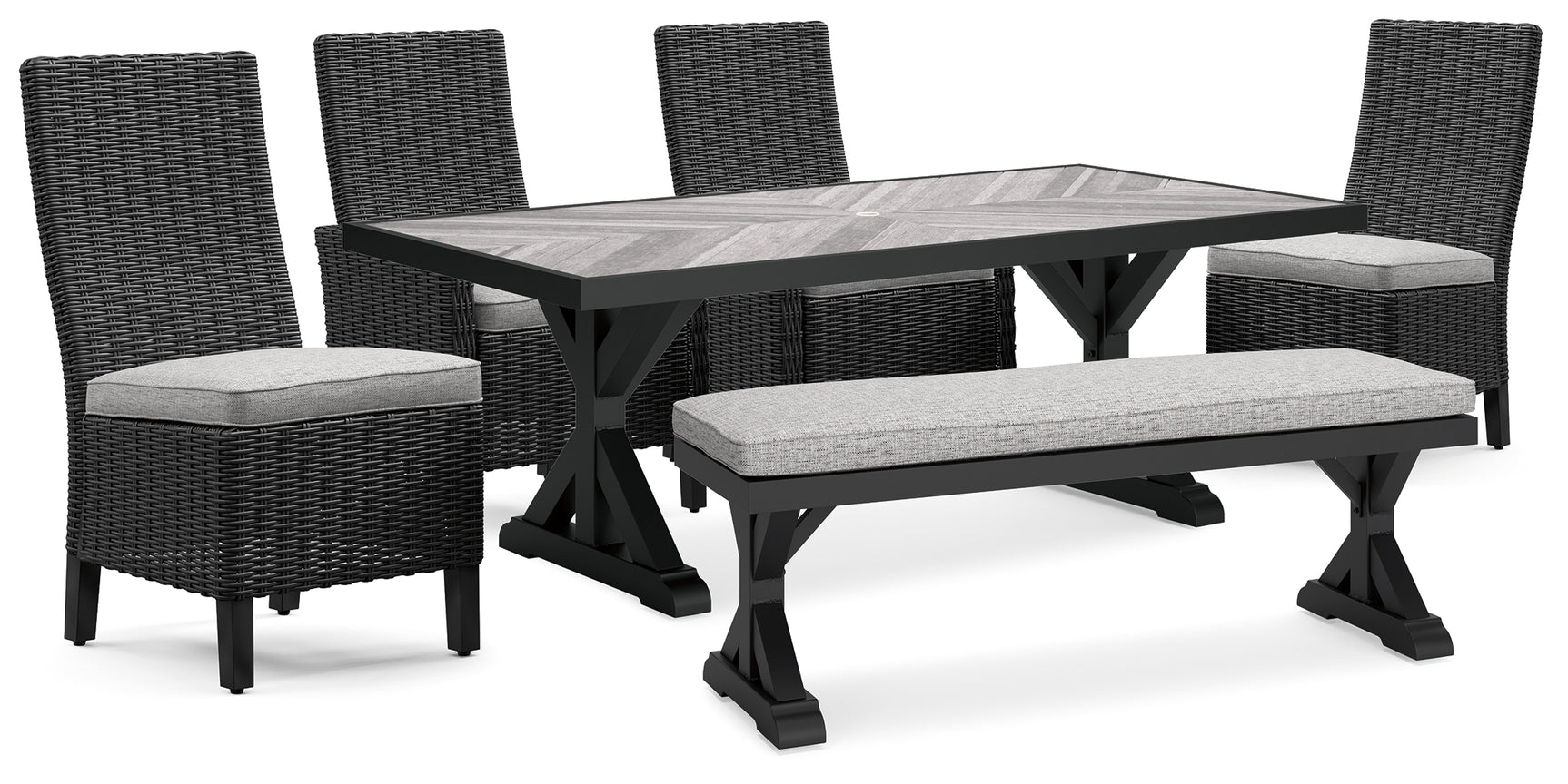 Beachcroft Black/Light Gray Outdoor Dining Table, 4 Chairs and Bench - Ornate Home
