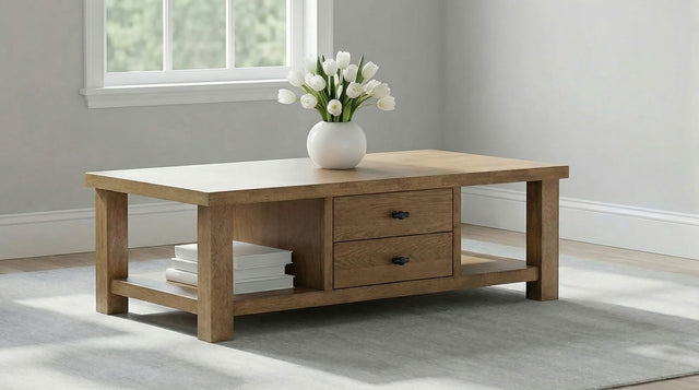 Beasley Golden Oak 2-Drawer Wood Coffee Table - Ornate Home