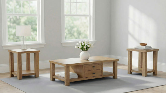Beasley Golden Oak 3-Piece Wood Coffee Table Set - Ornate Home