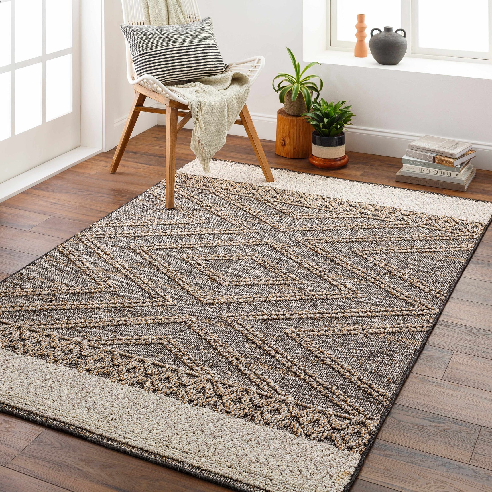 Beige Charcoal Areli Outdoor Area Rug - Ornate Home
