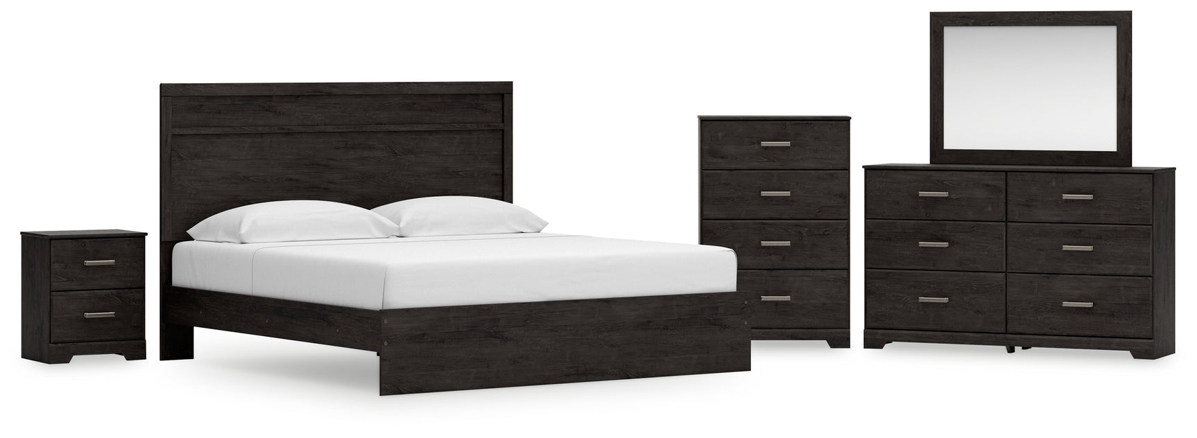 Belachime Charcoal King Panel Bed, Dresser, Mirror, Chest and Nightstand - Ornate Home