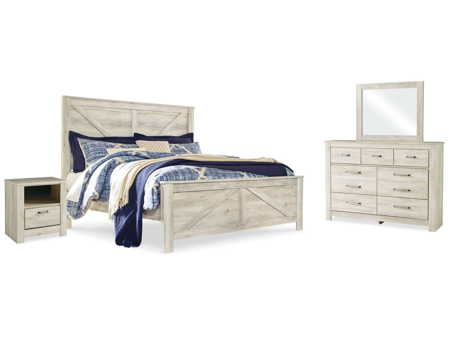 Bellaby Whitewash King Crossbuck Panel Bedroom Set with Dresser, Mirror, and Nightstand (Online Special Price) - Ornate Home