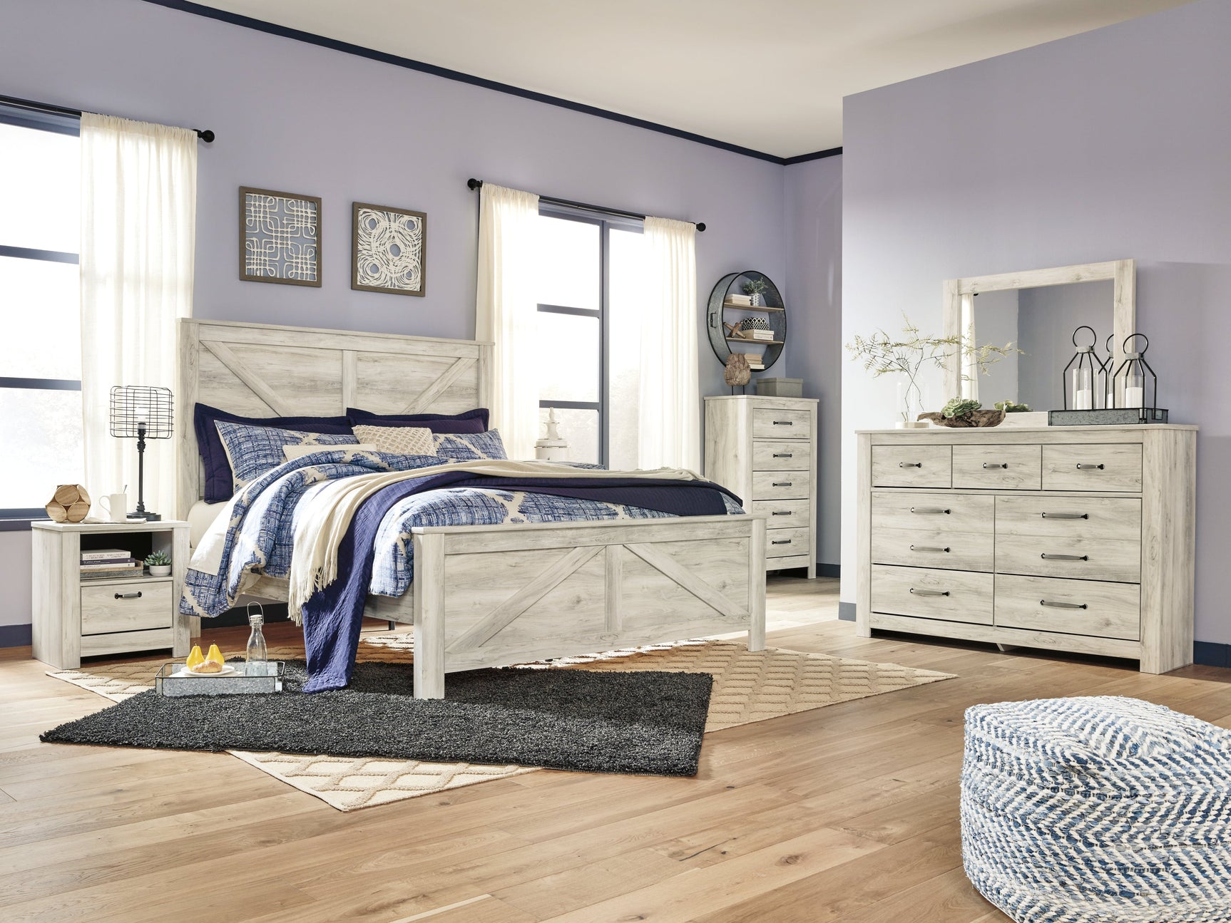 Bellaby Whitewash King Crossbuck Panel Bedroom Set with Dresser, Mirror, and Nightstand - Ornate Home