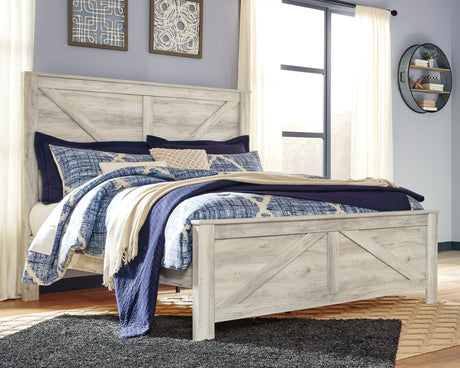 Bellaby Whitewash King Crossbuck Panel Bedroom Set with Dresser, Mirror, and Nightstand - Ornate Home