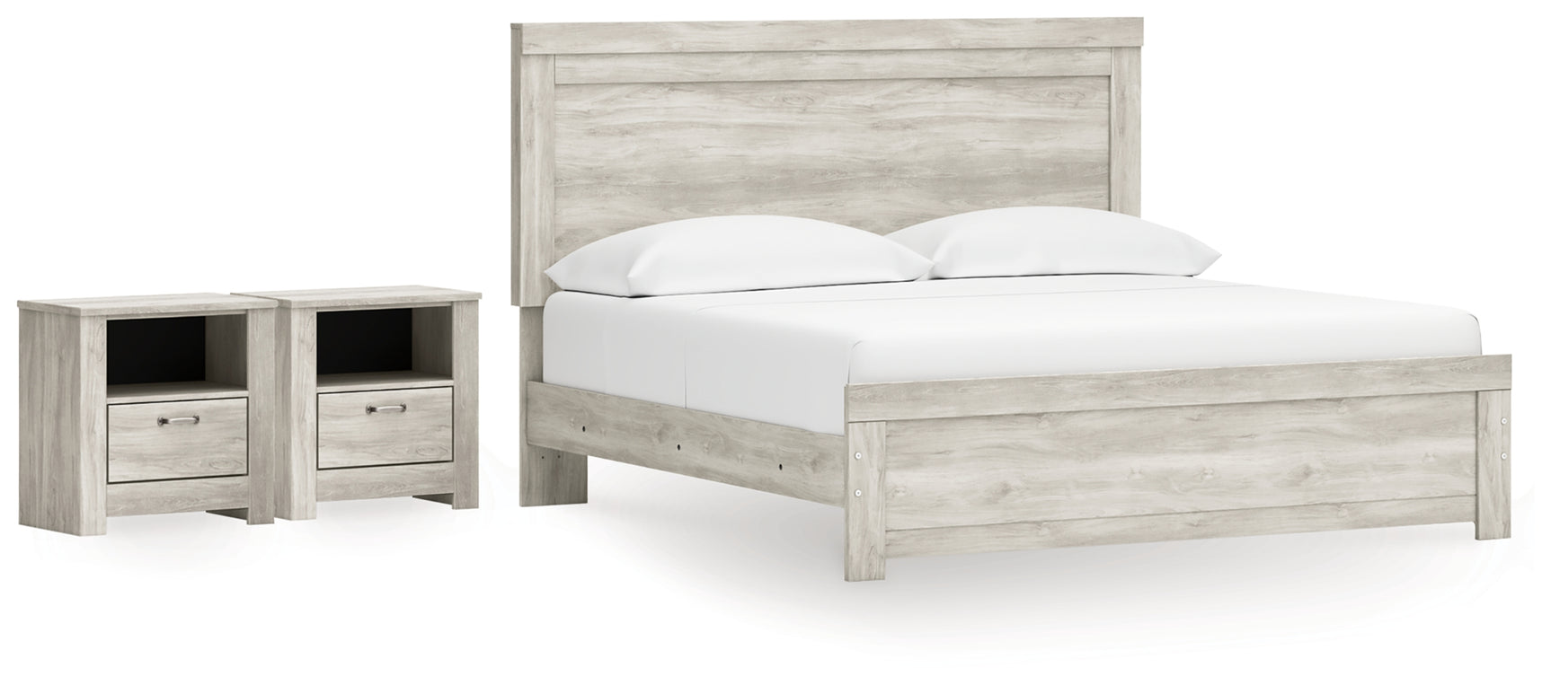 Bellaby Whitewash King Panel Bed and 2 Nightstands - Ornate Home