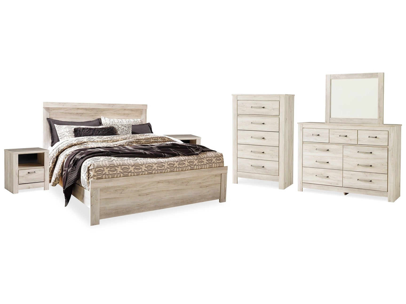 Bellaby Whitewash King Panel Bedroom Set with Dresser, Mirror, Chest and 2 Nightstands (Online Special Price) - Ornate Home