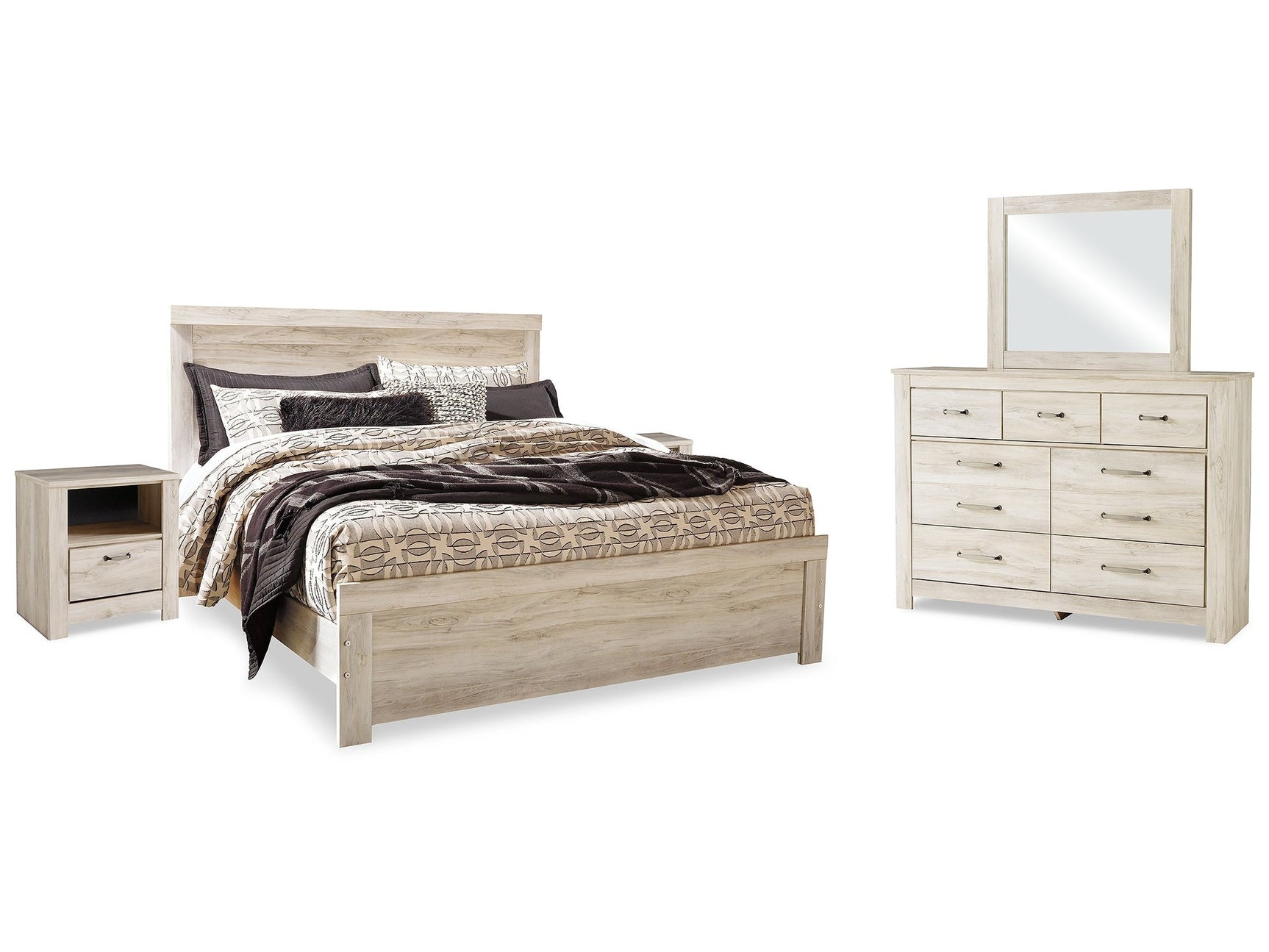 Bellaby Whitewash King Panel Bedroom Set with Dresser, Mirror and 2 Nightstands (Online Special Price) - Ornate Home