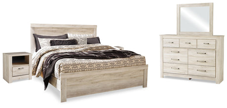 Bellaby Whitewash King Panel Bedroom Set with Dresser, Mirror and 2 Nightstands - Ornate Home