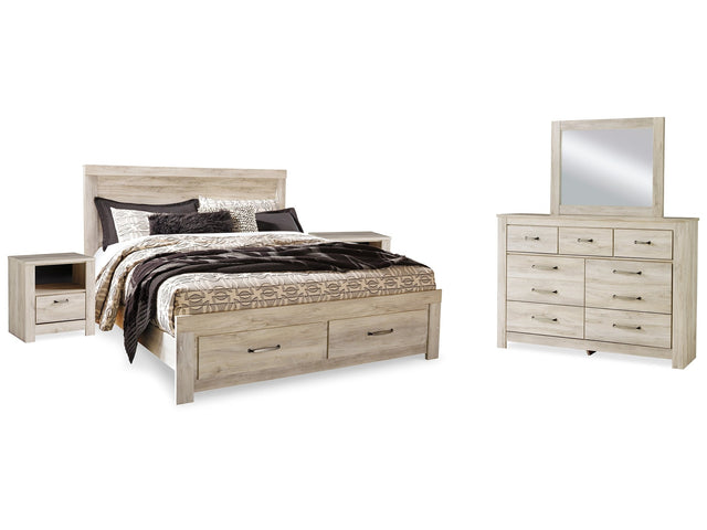 Bellaby Whitewash King Panel Storage Bedroom Set with Dresser, Mirror and 2 Nightstands - Ornate Home