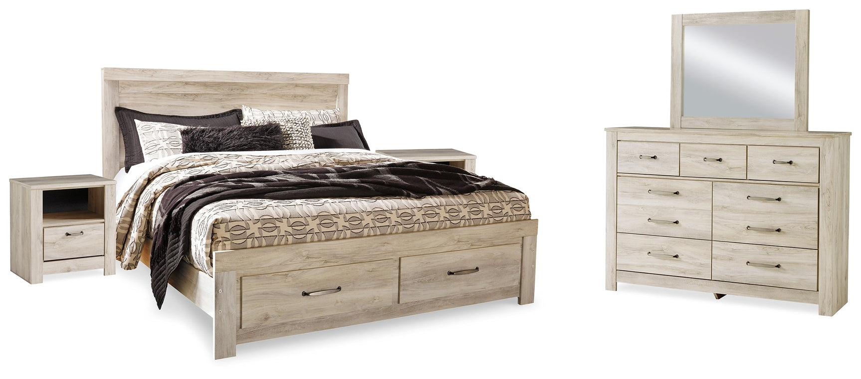 Bellaby Whitewash King Panel Storage Bedroom Set with Dresser, Mirror and 2 Nightstands - Ornate Home