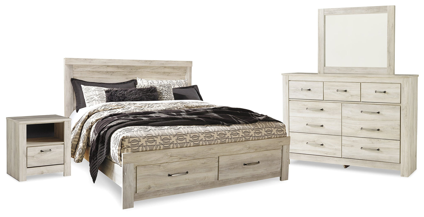 Bellaby Whitewash King Panel Storage Bedroom Set with Dresser, Mirror and Nightstand (Online Special Price) - Ornate Home