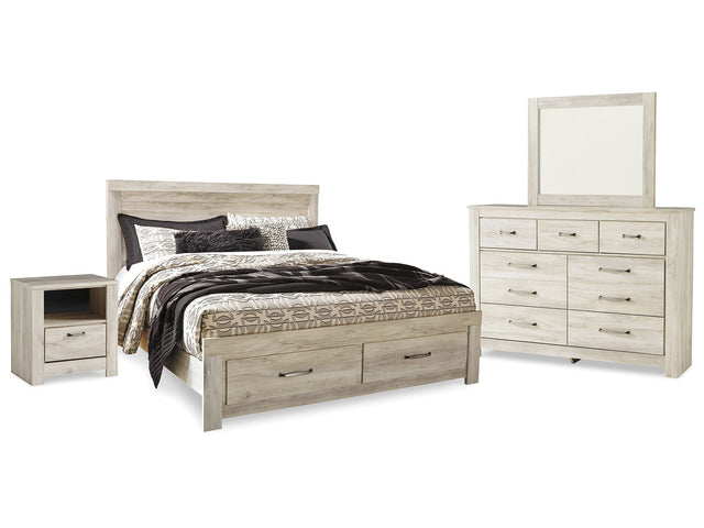 Bellaby Whitewash King Panel Storage Bedroom Set with Dresser, Mirror and Nightstand - Ornate Home