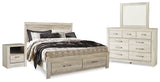 Bellaby Whitewash King Panel Storage Bedroom Set with Dresser, Mirror and Nightstand - Ornate Home