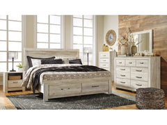 Bellaby Whitewash King Storage Bedroom Set with Dresser, Mirror, Chest and 2 Nightstands - Ornate Home