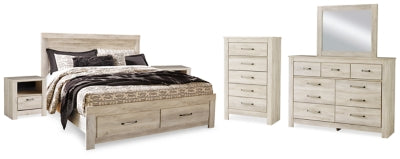 Bellaby Whitewash King Storage Bedroom Set with Dresser, Mirror, Chest and 2 Nightstands - Ornate Home