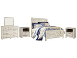 Bellaby Whitewash Queen Crossbuck Panel Bedroom Set with Dresser, Mirror and 2 Nightstands - Ornate Home