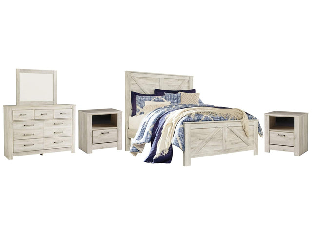 Bellaby Whitewash Queen Crossbuck Panel Bedroom Set with Dresser, Mirror and 2 Nightstands - Ornate Home