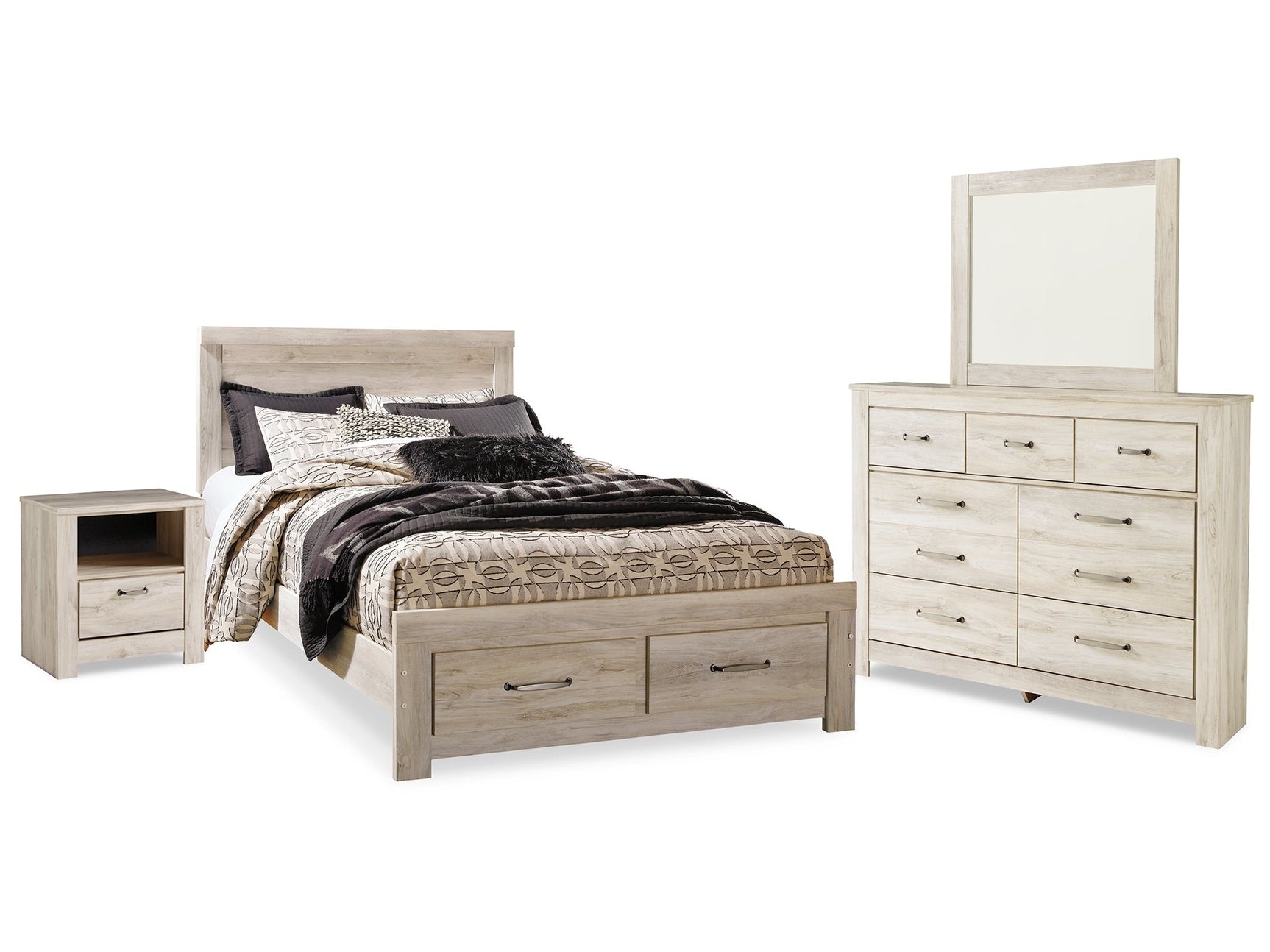 Bellaby Whitewash Queen Panel Storage Bedroom Set with Dresser, Mirror and Nightstand (Online Special Price) - Ornate Home