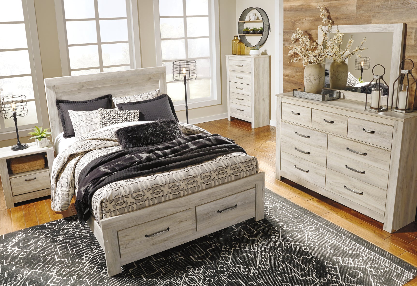 Bellaby Whitewash Queen Platform Bed with 2 Storage Drawers - Ornate Home