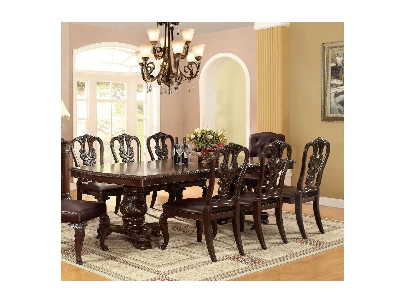 Bellagio Brown Cherry Wooden/Leatherette Uph. Dining Set / 9-piece - Ornate Home