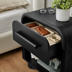 Bellamy Black Oak Curved 1-Drawer Nightstand - Ornate Home