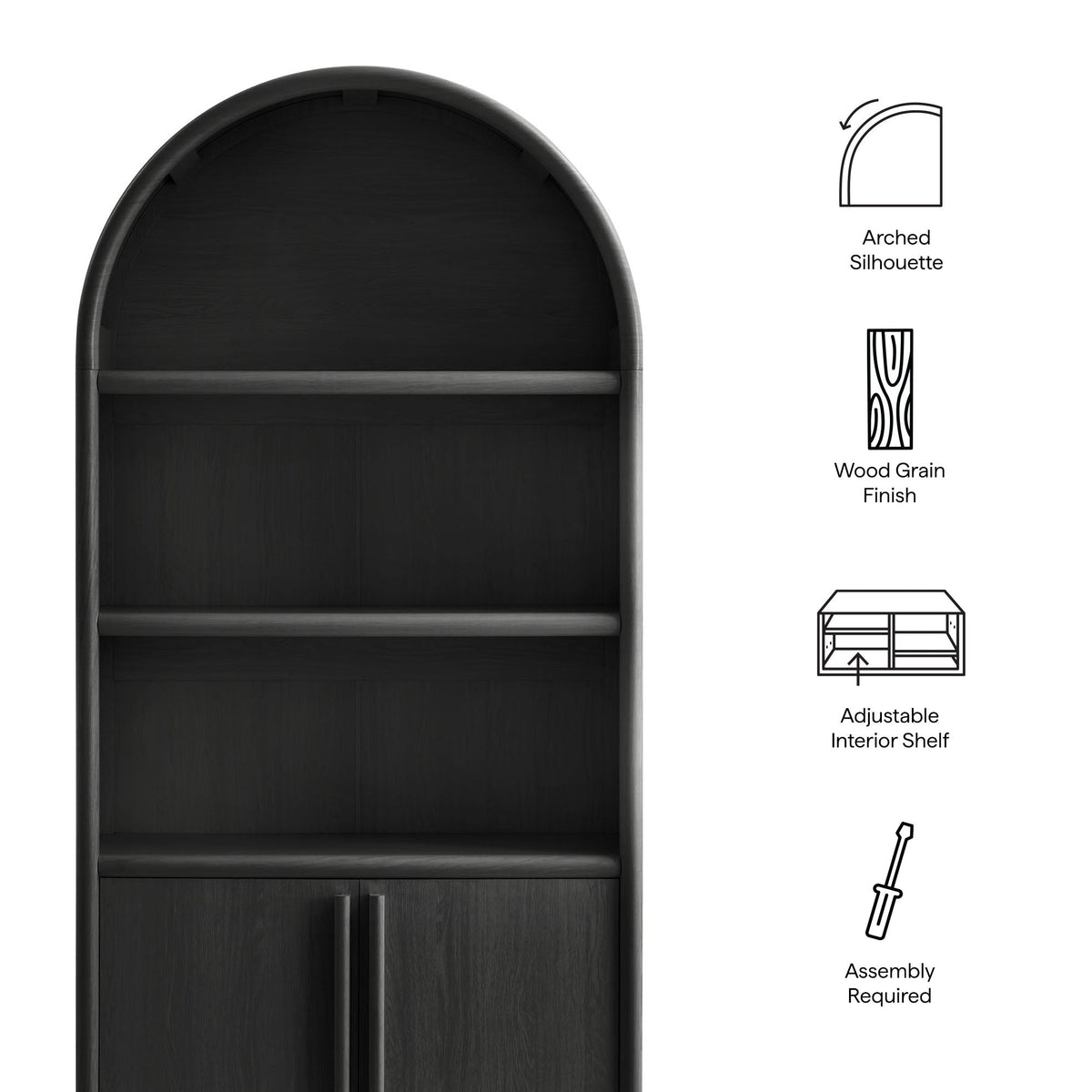 Bellamy Black Oak Tall Arched Display Cabinet Bookcase - Ornate Home