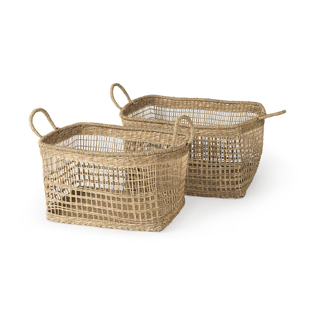 Bellisa Medium Brown Seagrass Rectangular Basket with Handles (Set of 2) - Ornate Home