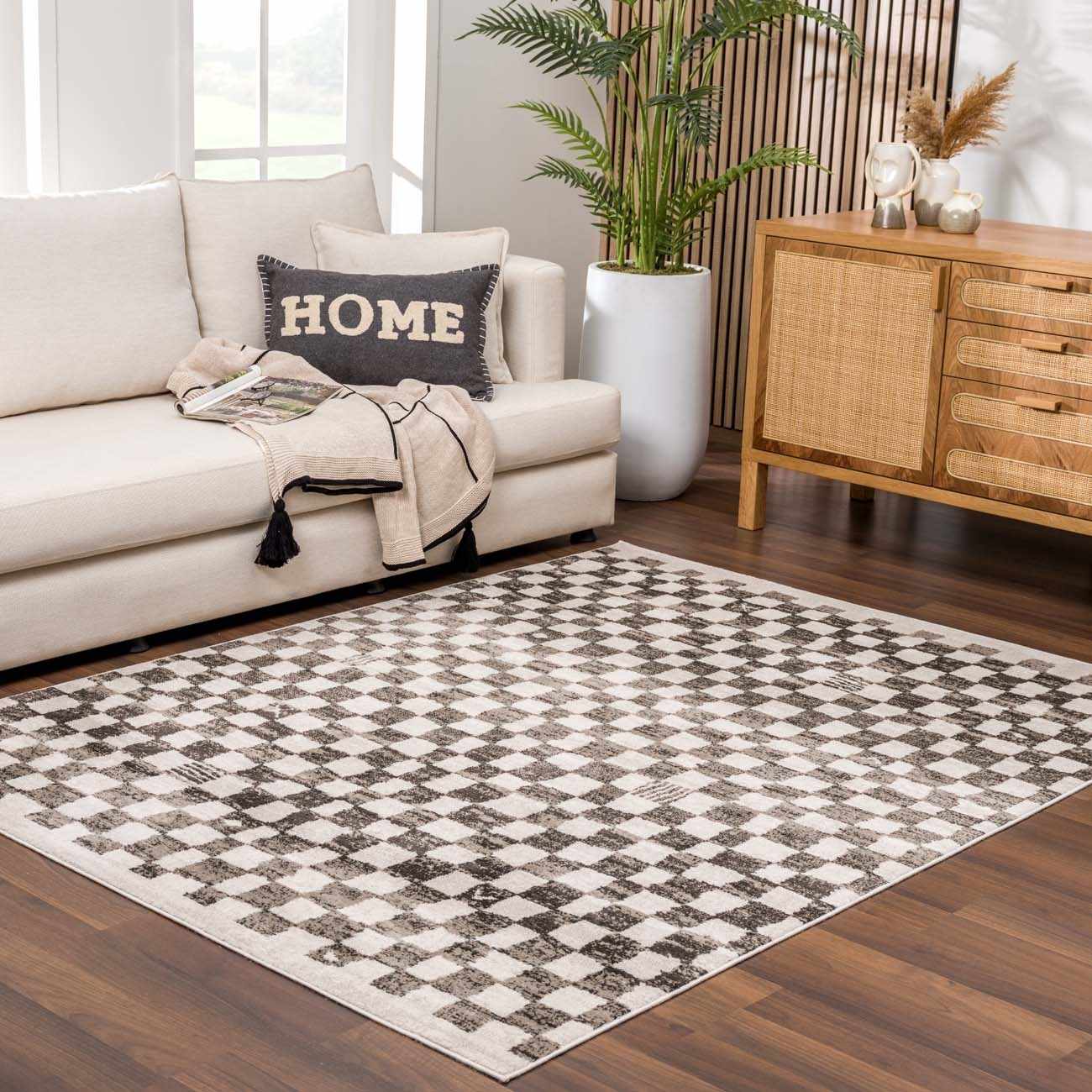 Benjy Cream & Charcoal Checkered Area Rug - Ornate Home
