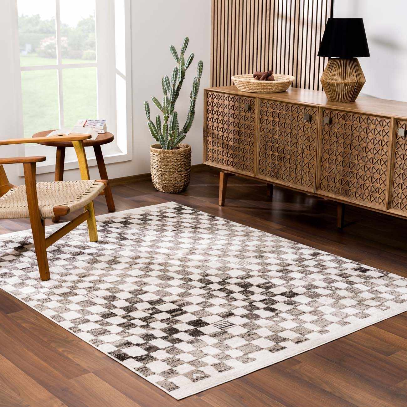 Benjy Cream & Charcoal Checkered Area Rug - Ornate Home