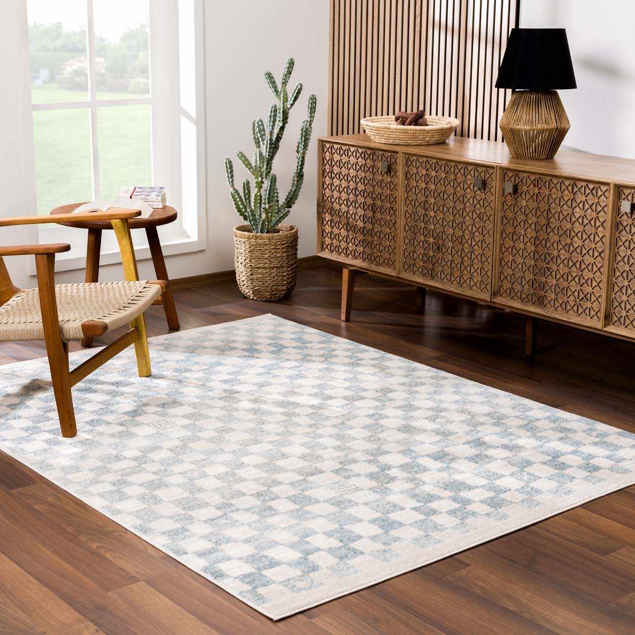 Benjy Cream & Light Blue Checkered Area Rug - Ornate Home