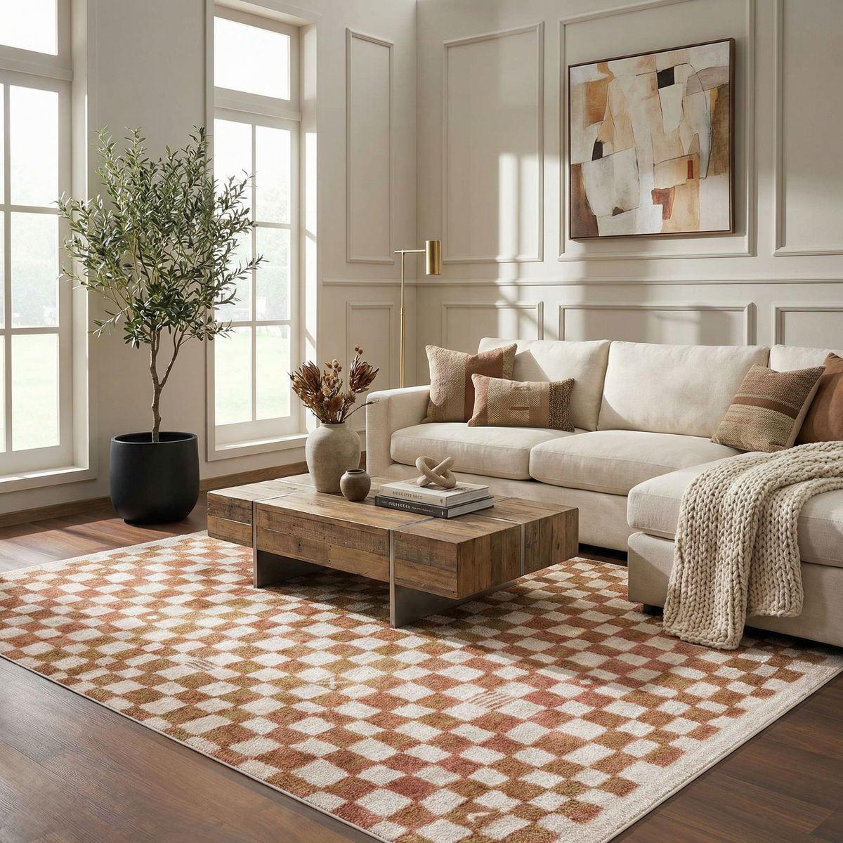 Benjy Irregular Checkboard Rug - Cream&Salmon - Ornate Home