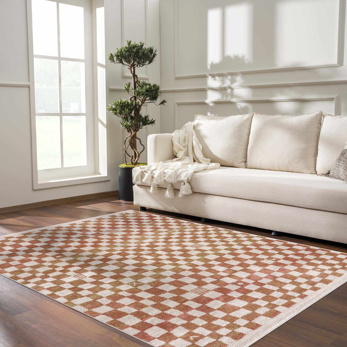 Benjy Irregular Checkboard Rug - Cream&Salmon - Ornate Home