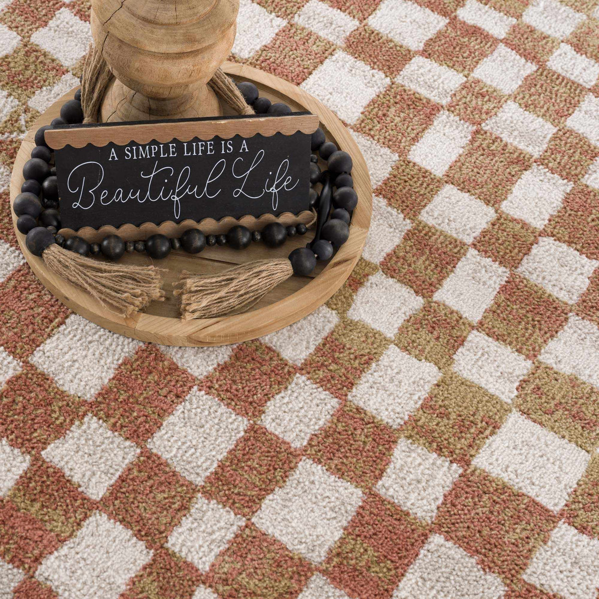 Benjy Irregular Checkboard Rug - Cream&Salmon - Ornate Home