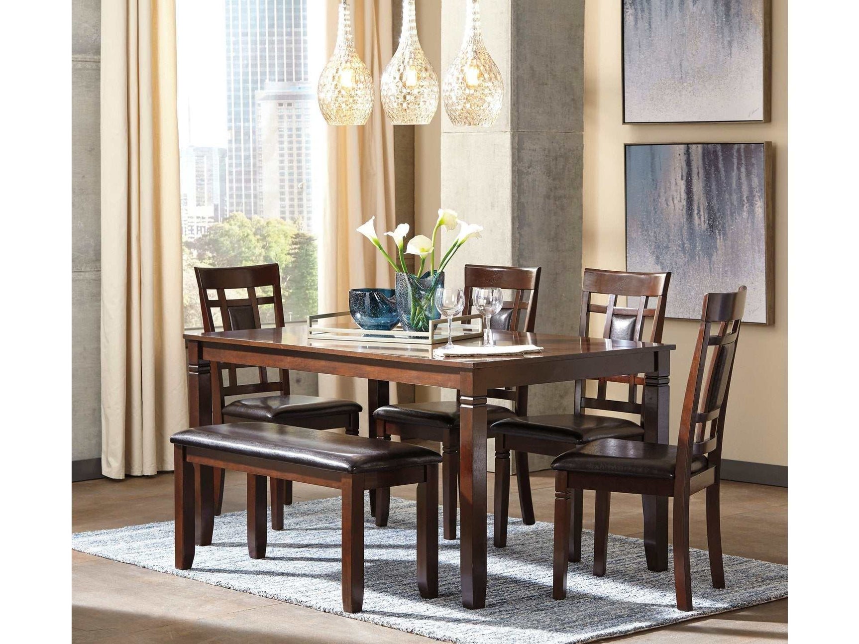 Bennox Brown Dining Room Set w/ Bench (Set of 6) (Online Special Price) - Ornate Home